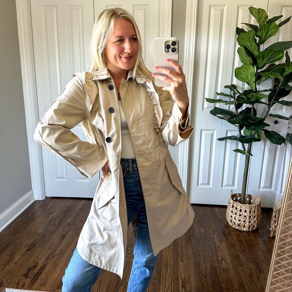 Joie x Revolve Gila Ruffle Trim Long Sleeve Trench Coat in Tan XS - Picture 5 of 12